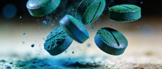 Green spirulina tablets falling and scattering powder in a dynamic freeze-frame action shot
