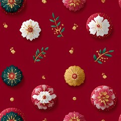 Vibrant red seamless pattern with ornate golden floral motifs and decorative elements, exuding luxury and traditional charm.