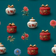 Elegant dark teal seamless pattern featuring antique-style vases with floral patterns, red gift boxes, and delicate flowers.