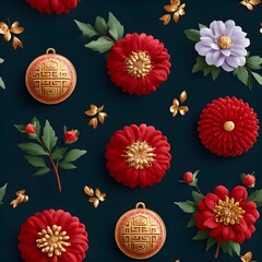 Rich dark blue seamless pattern showcasing intricate gold Chinese medallions, red and pink flowers, and golden leaves.