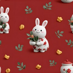 Adorable 3D cartoon bunny rabbit in floral dress holding flowers on red background with leaves and small gifts