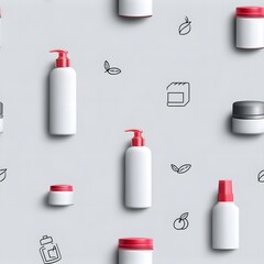 Clean and modern seamless pattern of white cosmetic bottles and jars with red caps on a light grey background