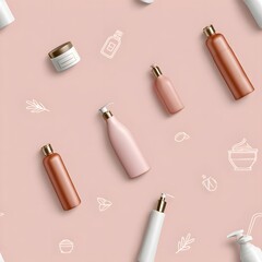Elegant cosmetic product pattern on soft peach background with metallic gold accents and drawn botanical elements