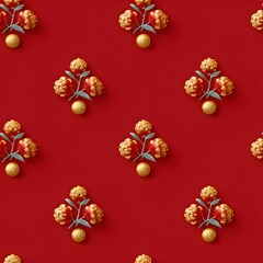 Traditional seamless pattern of ornate golden floral motifs on a vibrant red background, luxury design element