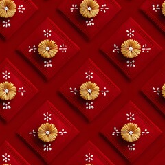Intricate gold flower motifs on red diamond-shaped tiles, creating a luxurious and festive seamless pattern