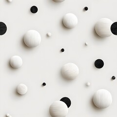 Sophisticated 3D seamless pattern of white and black spheres with ribbed texture on a cream background