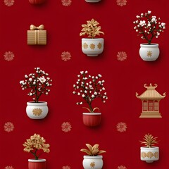 Chinese New Year pattern on red: potted trees, ornate gifts, white flowers in pots, and pagoda architecture