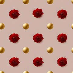 Clean pattern with red flowers and gold spheres on a light pink background, simple and elegant composition