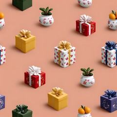 Seamless pattern of floral gift boxes and potted plants on a peach background, festive and charming