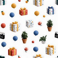Whimsical seamless pattern with playful gifts, balloons, and cute objects on white background
