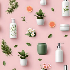 Elegant seamless pattern of skincare bottles, plants, and citrus slices on pink background
