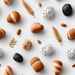 Delicious seamless pattern of assorted baked bread, wheat stalks, and almonds on white