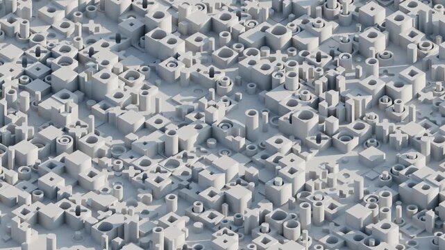 A bright, white isometric field of complex mechanical and digital shapes. It illustrates the interconnected nature of fintech and global data science. 4k seamless looped video 3d render.