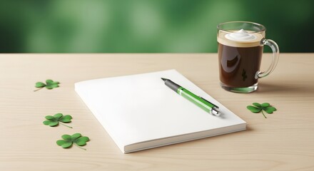 St. Patrick's Day inspired desk scene with a coffee and notebook