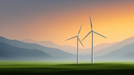 Fototapeta premium Serene Landscape with Two Wind Turbines Against a Vibrant Sunset Sky Overrolling Green Hills and Majestic Mountains in the Distance