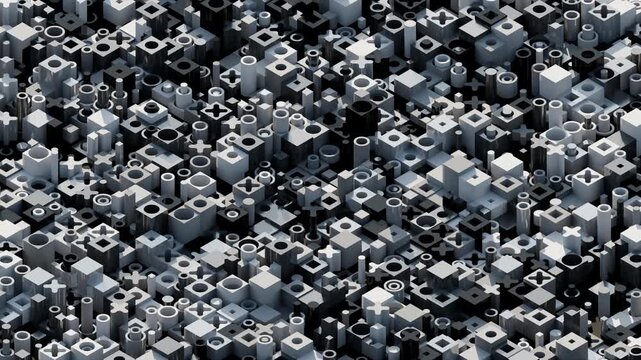 Seamless looping animation of dense chaotic mix of small metallic hexagons, cubes and cylinders in dark void, subtle random wobbles, rotations and soft rim glows creating endless crypto block swarm