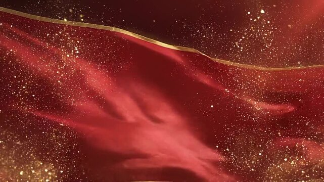 Cinematic red fabric flowing with gold particles and glittering sparks in a luxurious environment from a dynamic viewpoint