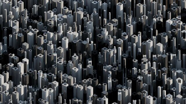 Seamless looping animation of dense dark isometric skyscraper-like prisms in endless chaotic grid, subtle rising pulses and soft rim glows evoking infinite big data city growth, crypto block towers 