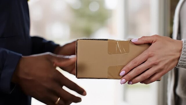 Two Hands Exchange Cardboard Box During Handoff.