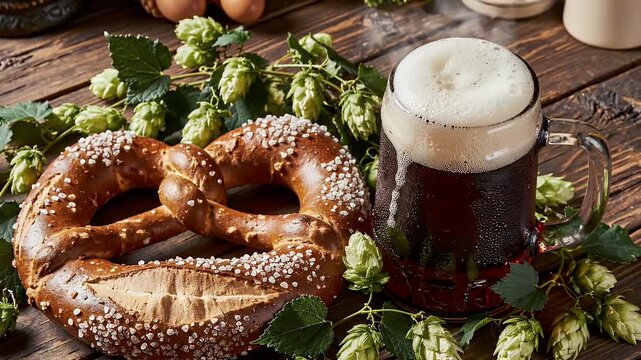 Starkbierfest Observance Top Down View Pretzel Dark Beer and Hops