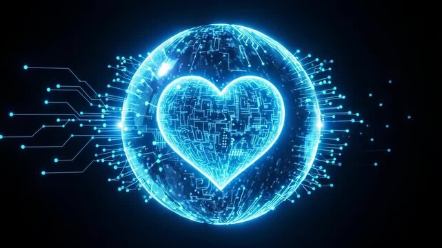 Glowing Digital Heart Made Of Circuits Concept Of Love Data Connection Health Floating In The Dark Background Is Dark Can Be Used For Design Advertising