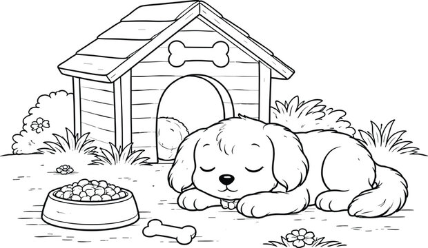 Sleepy pup by its doghouse