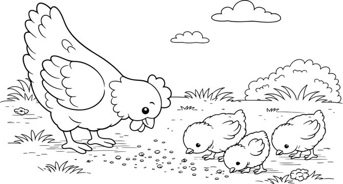 Mother hen and chicks in the field