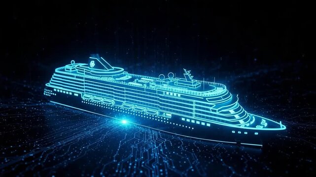 Futuristic Cruise Ship In Digital Form Depicted In Neon Blue Outline Against Dark Background Showcasing Technology Data Flow Modern Design For Tech-related Themes