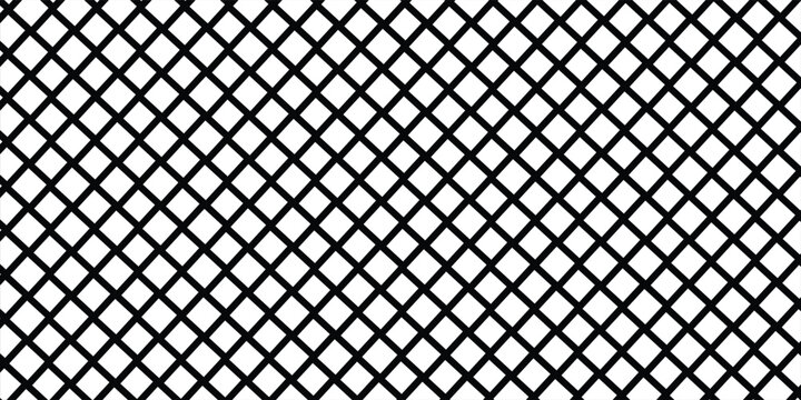 Diagonal cross line grid seamless pattern. Geometric diamond texture. Black diagonal line mesh on white background. Minimal quilted fabric. Metallic wires fence pattern.eps10