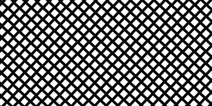 Diagonal cross line grid seamless pattern. Geometric diamond texture. Black diagonal line mesh on white background. Minimal quilted fabric. Metallic wires fence pattern.eps10