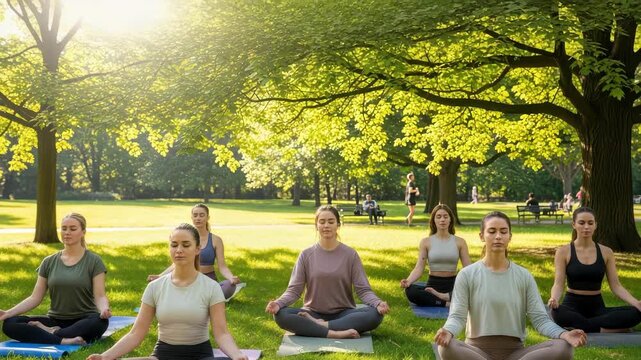 Group Of Women Practice Yoga In Lotus Position On Mats In Sunny Park With Other People In The Background Promoting Wellness Mindfulness Healthy Lifestyles