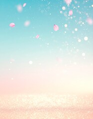 ターコイズとピンクの優雅なグラデーションに花びらが舞う春の抽象背景素材