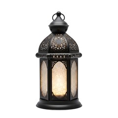 Antique black metal lantern with lit candle warm glowing light vintage decor