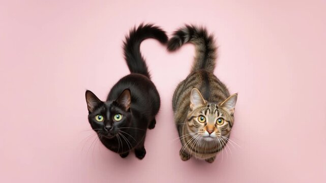 Two cats with tails forming a heart shape on pink background seamless loop. Black and tabby cat looking up. Valentine and love concept