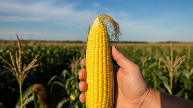 Hand Holding Vibrant Freshly Harvested Corn Cob In Field The Background Showcases Vast Cornfield Clear Blue Sky For Agricultural Imagery