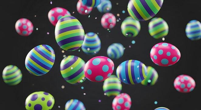 Vibrant easter eggs floating in space with sparkles and stars, 3d render