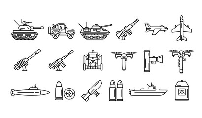 Military equipment and vehicle outline icon set vector © Md