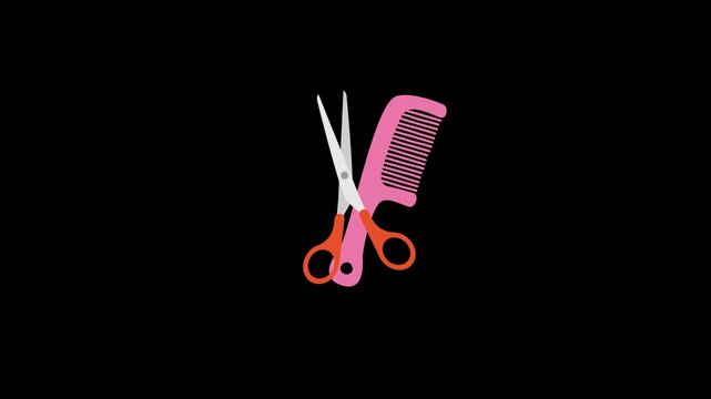 pair of silver scissors with orange handles and a pink comb concept animation with alpha channel