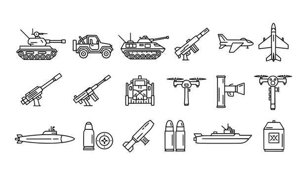 Military equipment and vehicle outline icon set vector