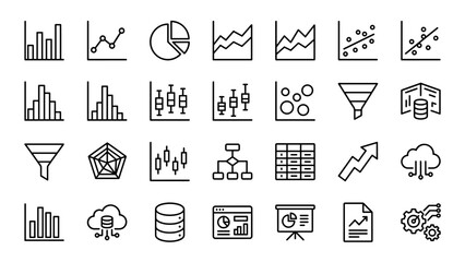 Set of 28 Data Visualization Line Icons Featuring Bar Charts, Line Graphs, Pie Charts, Area Charts, Scatter Plots, Histograms, Box Plots, Bubble Charts, Funnels, Radar Charts, and Flowcharts.