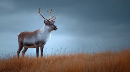 Obraz premium Majestic Reindeer Standing Alone in a Grassy Landscape Under Dramatic Sky, Serene Nature Scene Captured in Soft Light, Nordic Wilderness