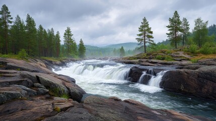 Serene River Landscape with Gentle Waterfall Surrounded by Lush Green Forest under a Cloudy Sky in a Tranquil Natural Setting