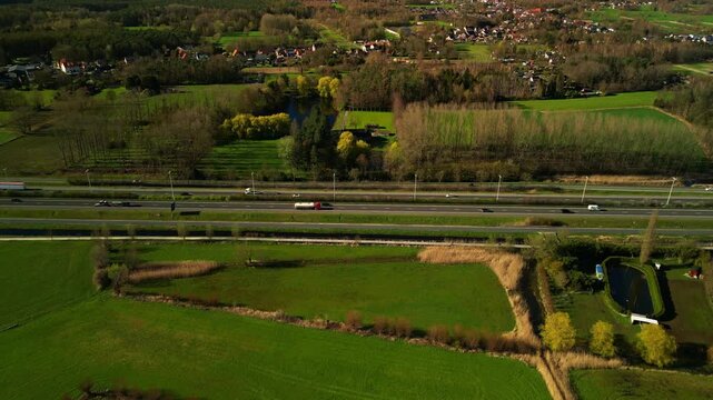 Aerial footage of a highway on an early  spring day