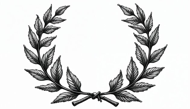 Black and white illustration of a laurel wreath with leaves and crossed branches tied with string. This design is elegant and classic, perfect for awards or recognition.