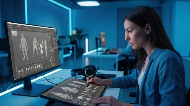 Woman Is Designing 3d Models Of Characters Using Digital Pen Tablet While Working In Modern Office Illuminated By Blue Lighting With Another Person Working In The Background For Game