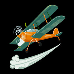 Vintage biplane aircraft transportation flying high in the dark sky with smoke trails and propeller spinning fast © firstcolor