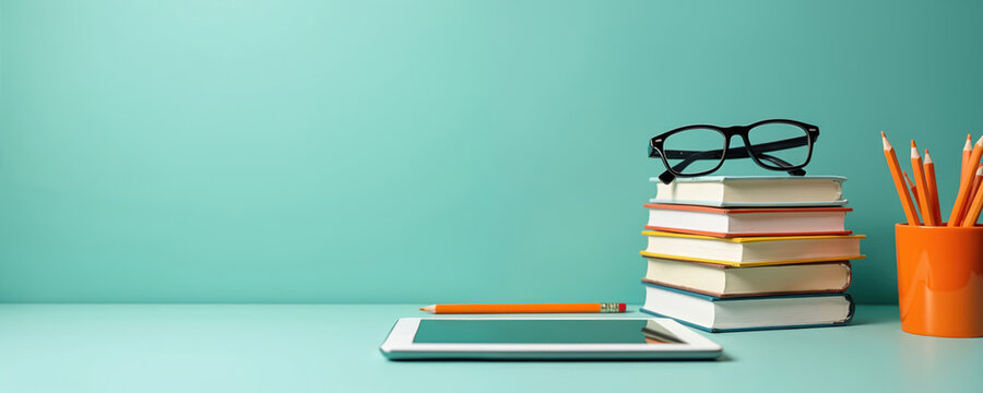 Stack of books with glasses, tablet, pencils on clean desk. Setup represents study, work, online learning. Minimalist composition with bright color accents. Great for educational business themes.