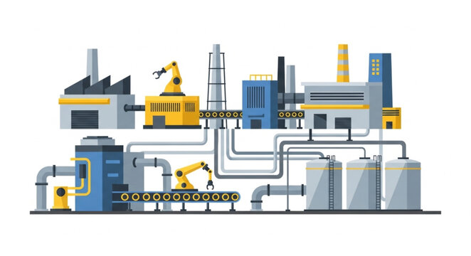 Industrial factory production with automated robotic arm manufacturing processes.