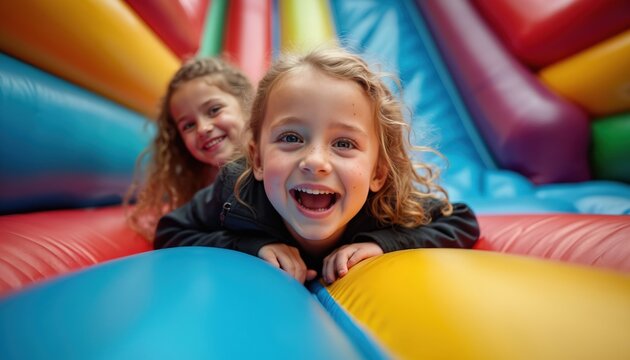 Two girls smile joyfully inside a colorful inflatable bounce house. Kids have fun jumping and playing games in a bouncy castle on a sunny day. Children enjoy leisure time active recreation.