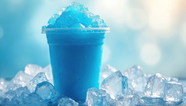 Blue slushie drink in a plastic cup surrounded by ice cubes. Cold beverage is perfect for hot summer days, refreshing sweet treat. Enjoy this frosty refreshment.